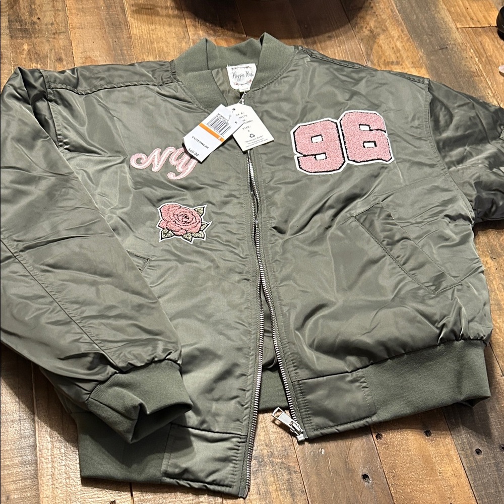 Hippie Rose Green Bomber Jacket with Pink Details